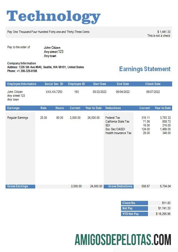Imprimível Modelo de contracheque de empresa de tecnologia em formatos Word e PDF